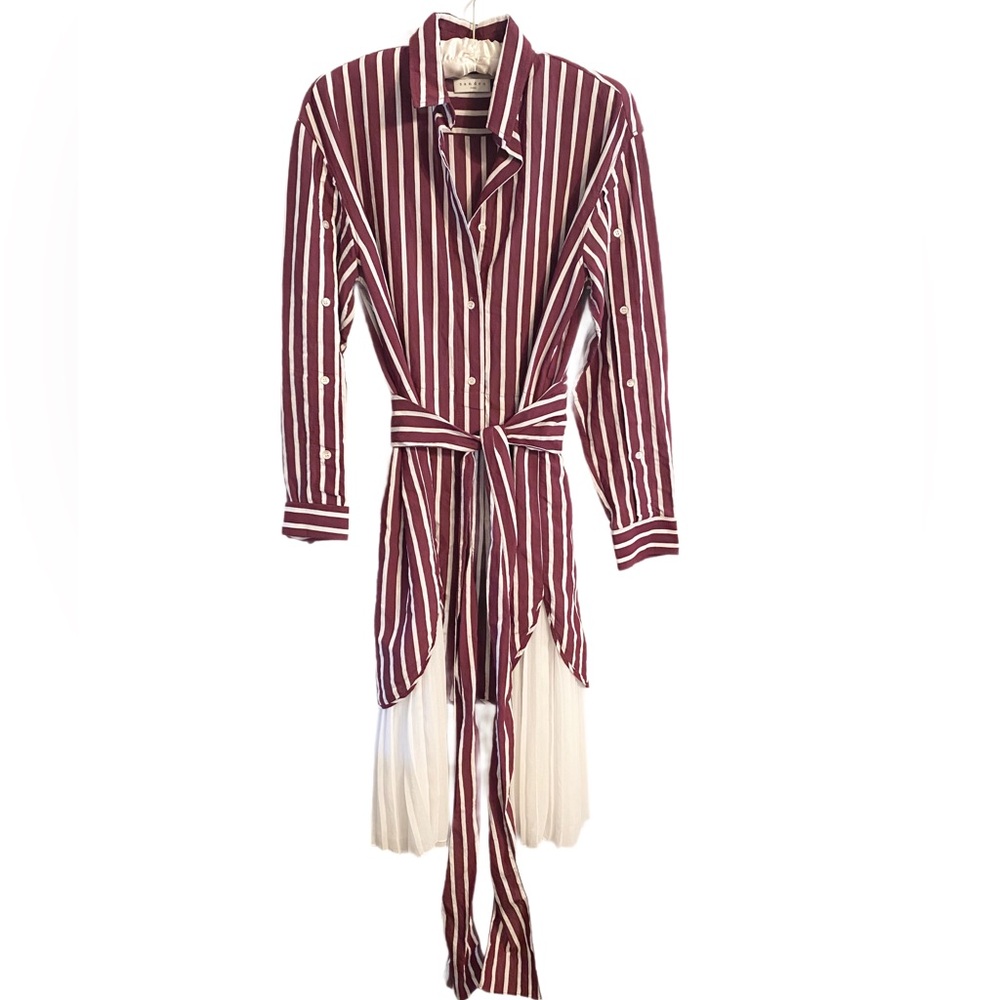 Sandro Paris Melia Pleated-Hem Burgundy & White Shirt Dress Size 38/8